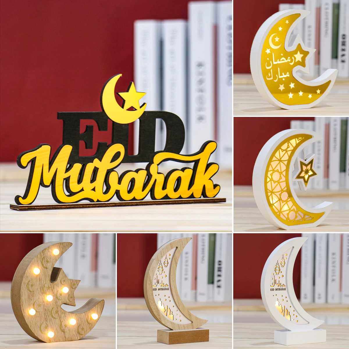 Luz colgante de madera para decoración del hogar, Luna, estrella, EID Mubarak, Ramadán, fiesta musulmana islámica, suministros Eid Al Adha Ramadán Kareem - imagen 4
