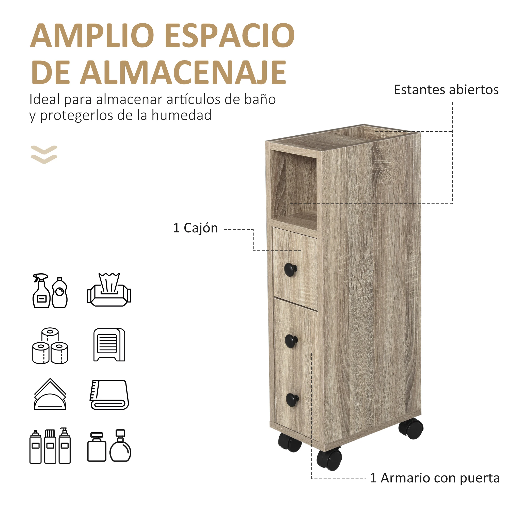 kleankin Armario de Baño Mueble para Baño con Ruedas Universales 2 Frenos Estantes Armario Cajón 18x30x68,5 cm Madera Roble - imagen 4