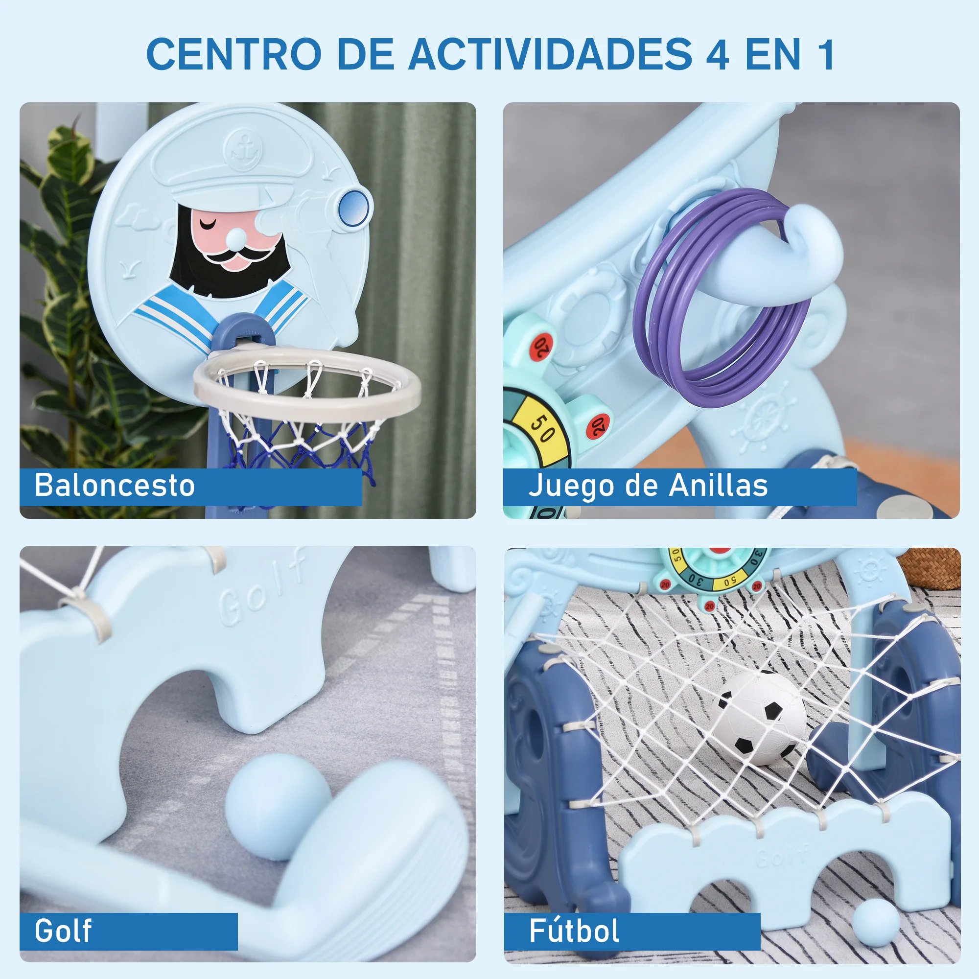 HOMCOM Aro de Baloncesto para Niños de +3 Años Actividades Deportivas 4 en 1 con Altura Ajustable Golf Balón de Fútbol Azul - imagen 5