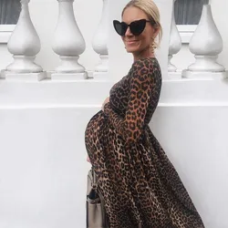 Vestidos de maternidad para sesión de fotos, vestido de embarazada con volantes y estampado de leopardo de manga larga, ropa de maternidad para fotografía, Baby Shower
