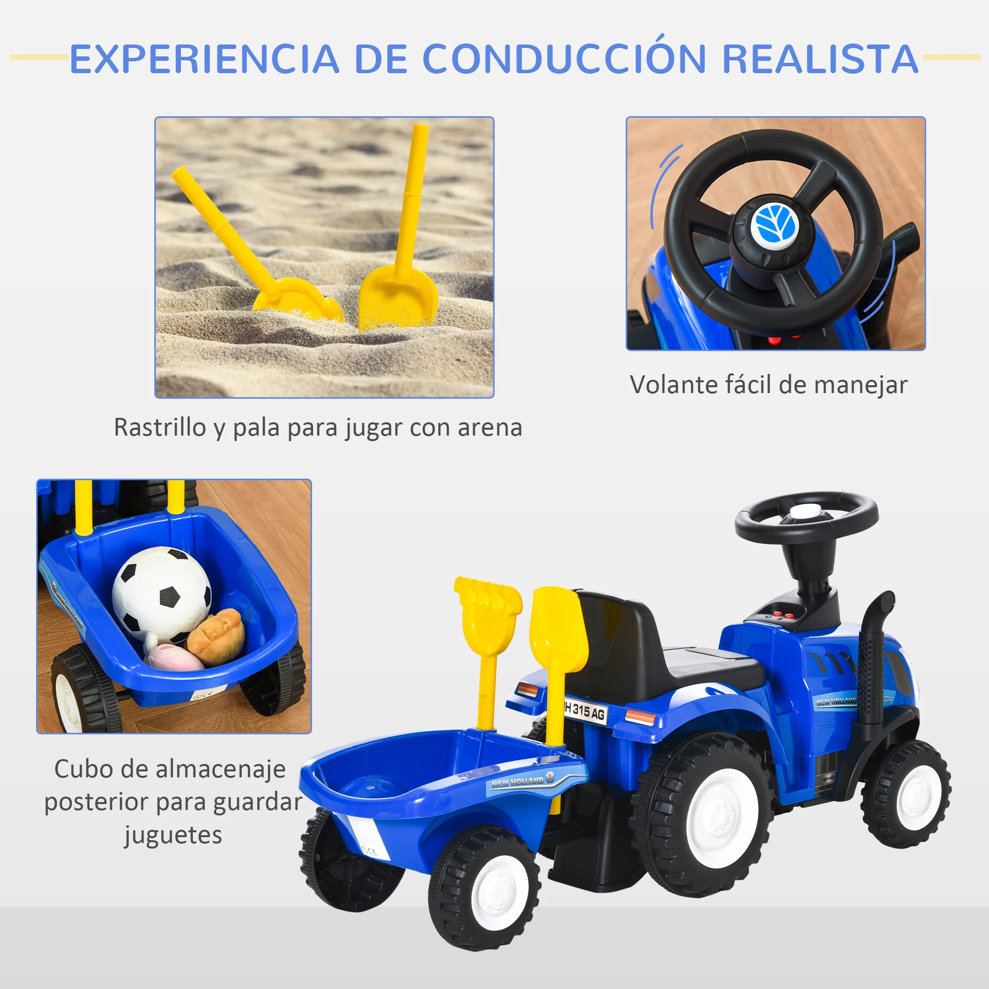 HOMCOM Tractor para Niños de 12-36 Meses con Remolque Extraíble Coche Correpasillos con Bocina Faros Pala y Rastrillo 91x29x44cm - imagen 4