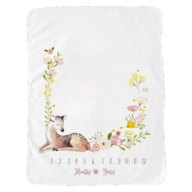 La tabla de crecimiento de un bebé blanco. Presenta una linda ilustración de un cervatillo acostado con la cabeza apoyada en sus patas delanteras. Alrededor del cervatillo hay varias flores y follaje, creando un diseño caprichoso e inspirado en la naturaleza.