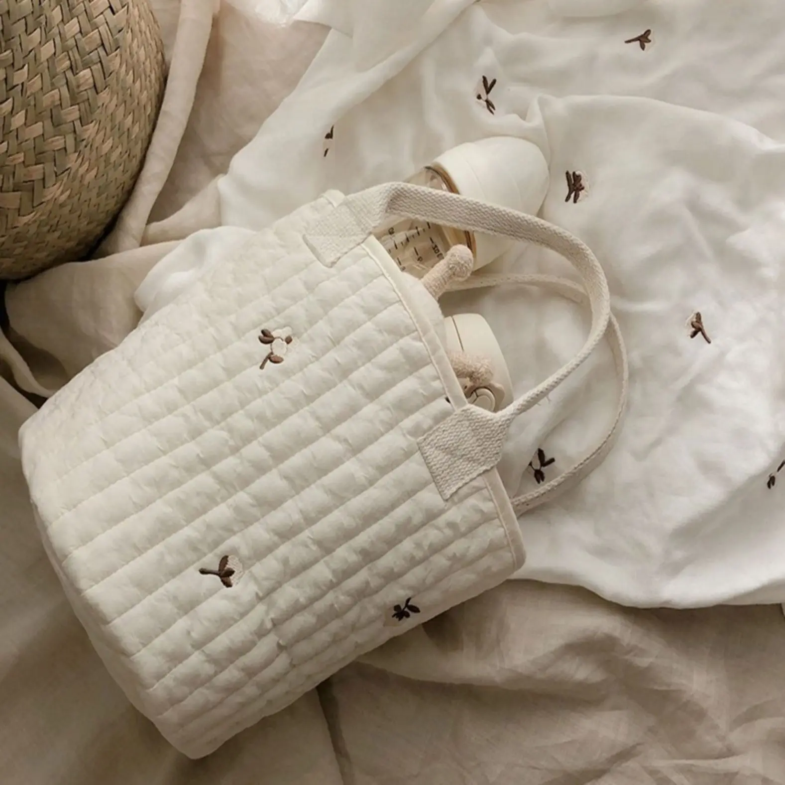 Bolsa de pañales acolchada de algodón coreano para bebé, organizador de pañales para bebé con bordado de oso de cereza, bolsas para mamás, cosas para bebé - imagen 5