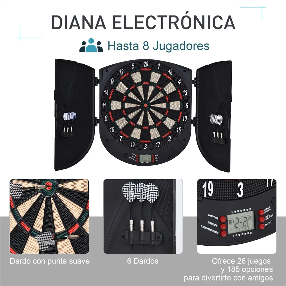 HOMCOM Diana Electrónica Digital con 6 Dardos hasta 8 Jugadores Marcador Puertas Laterales Pantalla LCD 46,5x4,4x50,5 cm Negro - imagen 5