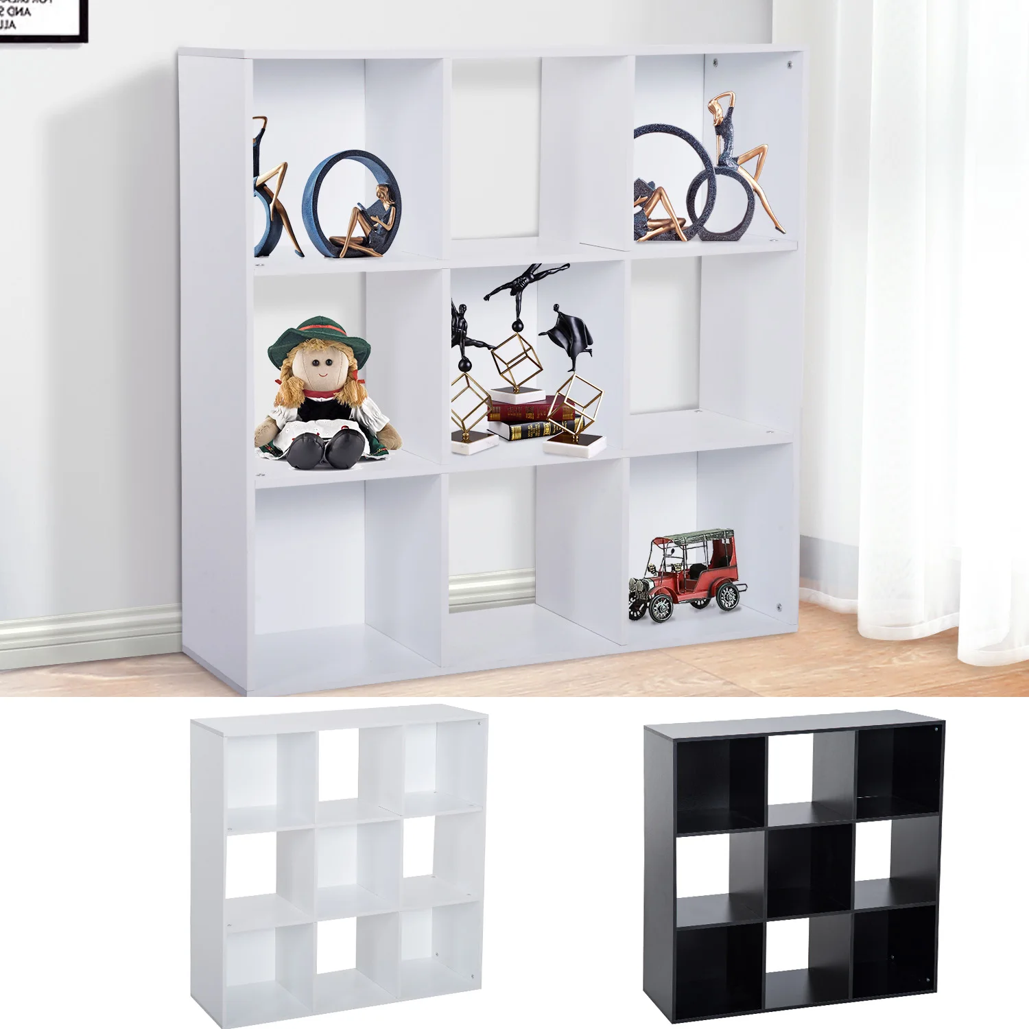 Estanteria Libreria 3 Niveles Armario de Almacenamiento 9 Cubos Estanteria de Pie Separador de Habitacion Estante de Exposicion - imagen 2