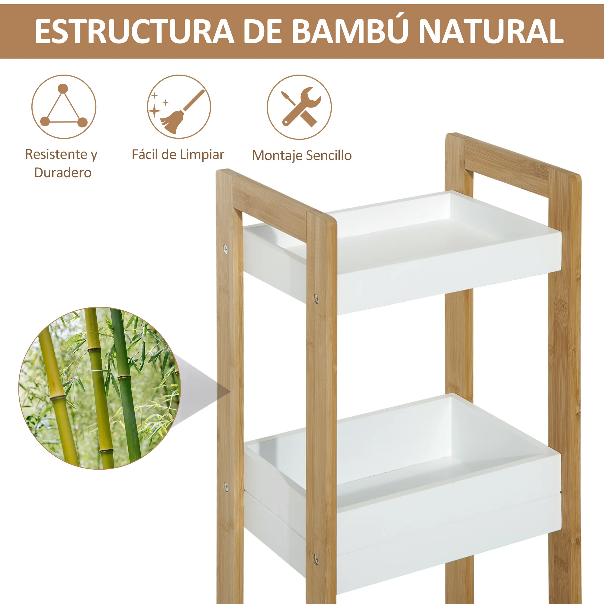 HOMCOM Estantería de Baño con 3 Estantes Organizador de Almacenaje Bambú para Cocina Sala de Estar Lavadero 27,5x20,8x74 cm - imagen 4