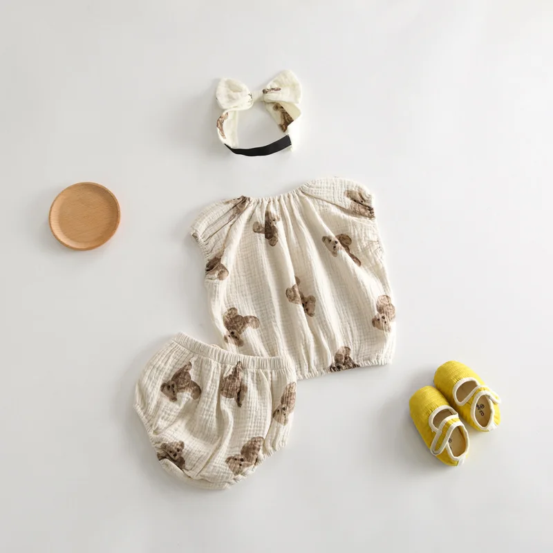 MILANCE-Conjunto de ropa con estampado de oso para bebé, camiseta sin mangas con diadema y bombachos, trajes de 3 piezas, Verano - imagen 4