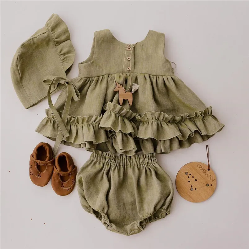 Vestido tutú de algodón lino con volantes y encaje para bebé