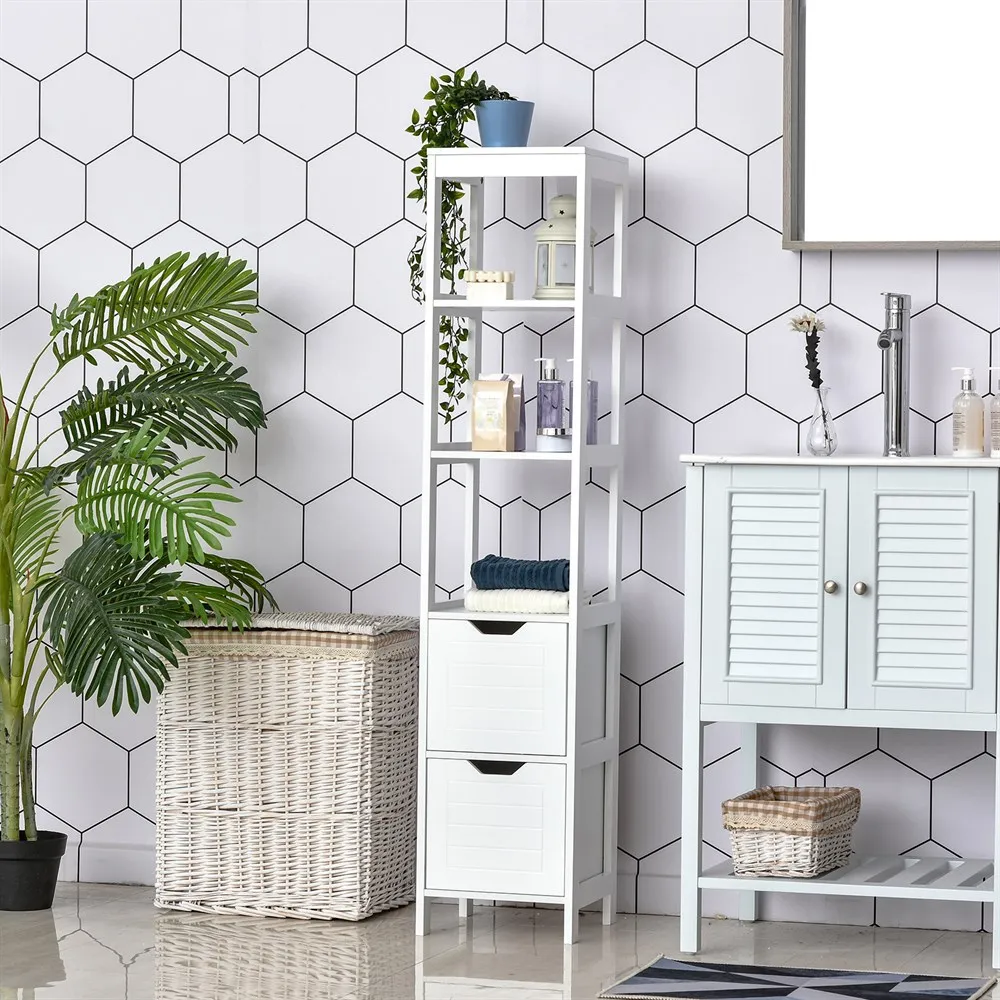 kleankin Armario Alto de Baño Multiusos Mueble Columna 3 Estantes Abiertos y 2 Cajones de Almacenaje Diseño Antivuelco Blanco - imagen 2