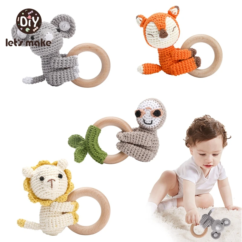 Sonajero mordedor de haya para bebé – Ganchillo animal sin BPA - imagen 2