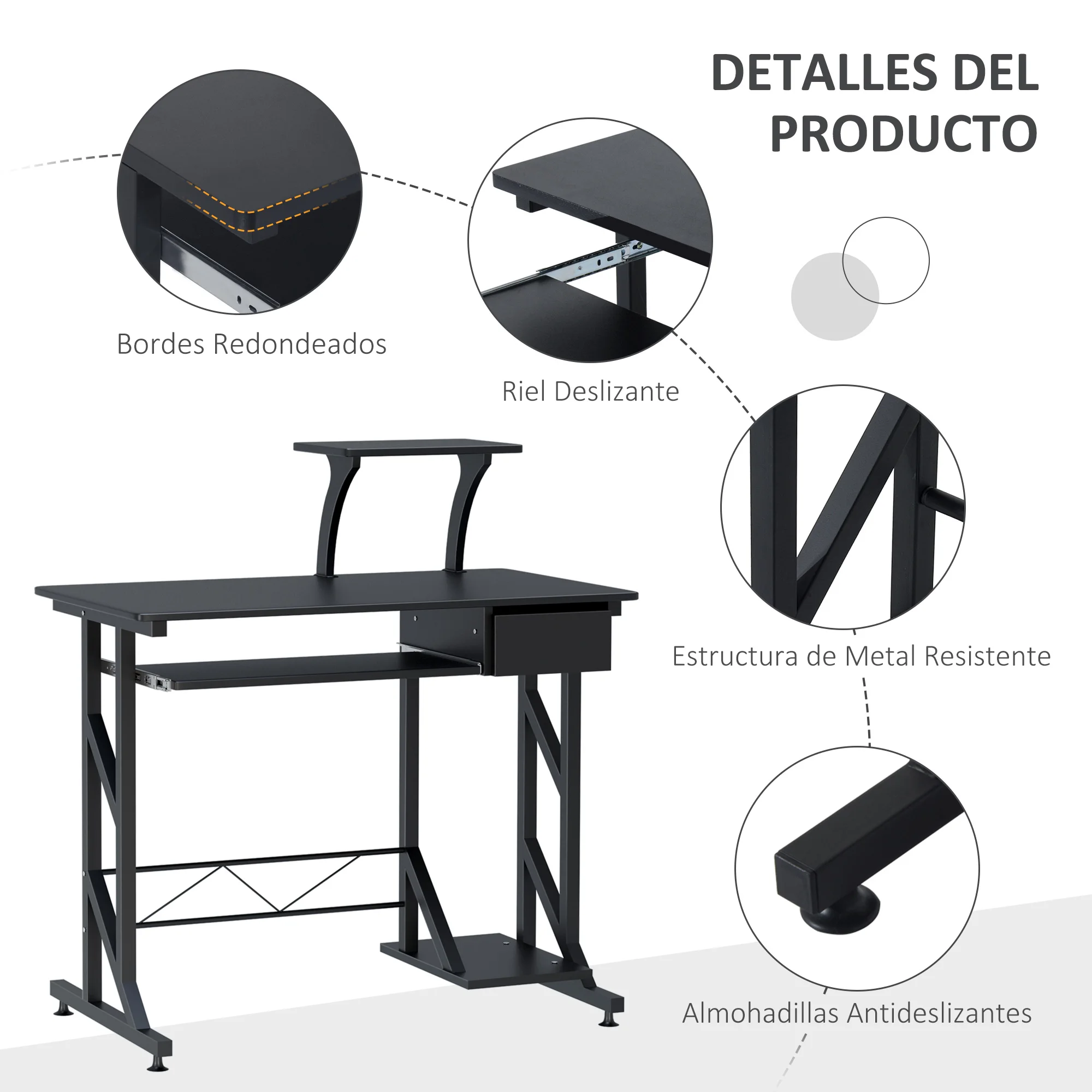 HOMCOM Mesa de Escritorio Mesa de Estudio con Bandeja de Teclado y Cajón Mesa de Ordenador para Despacho Oficina 90x50x100 cm Negro - imagen 4