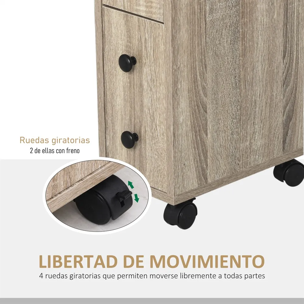 kleankin Armario de Baño Mueble para Baño con Ruedas Universales 2 Frenos Estantes Armario Cajón 18x30x68,5 cm Madera Roble - imagen 5