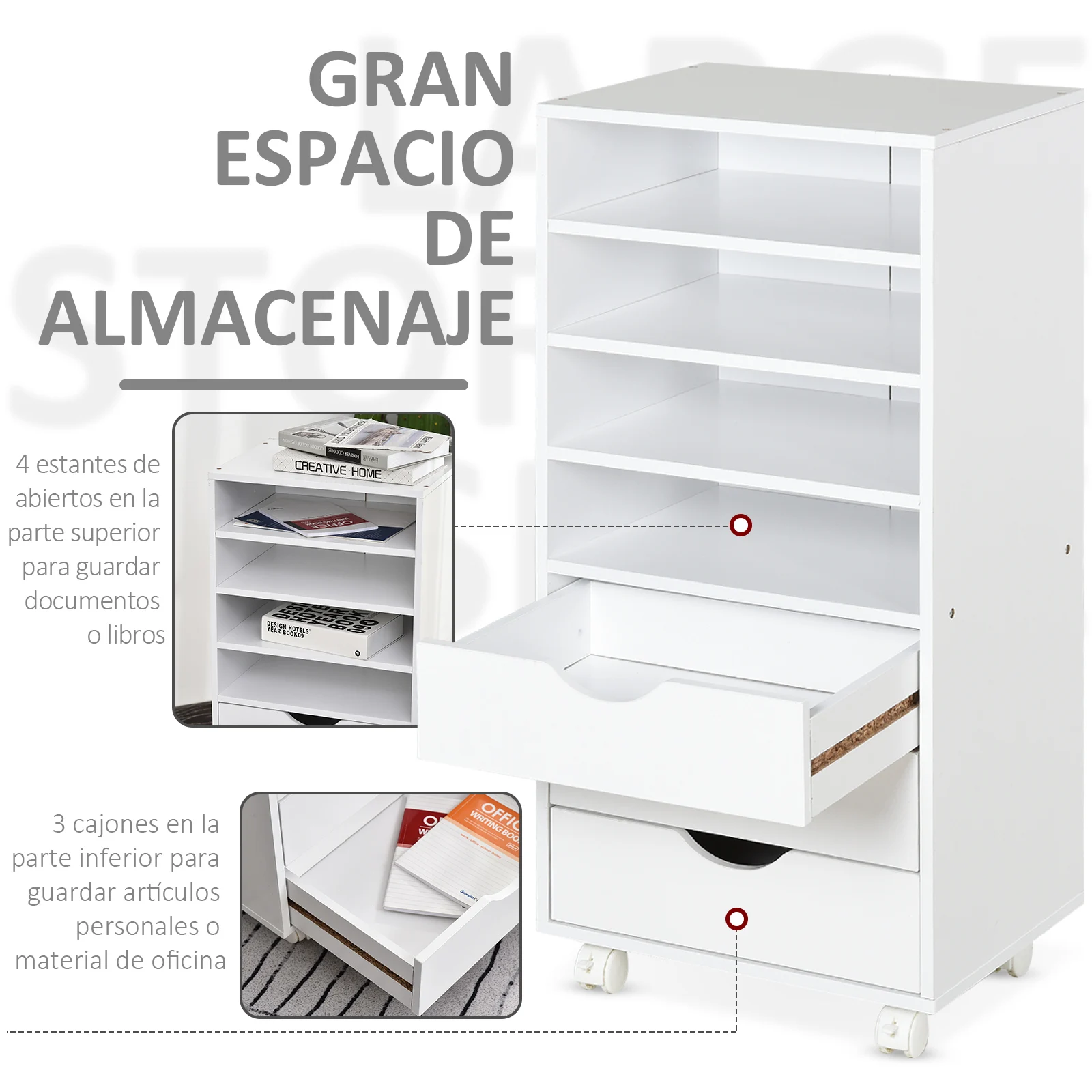 Vinsetto Mueble Auxiliar para Oficina Estudio Gran Espacio de Almacenaje con 3 Cajones 4 Estantes Abiertos 4 Ruedas Blanco - imagen 4
