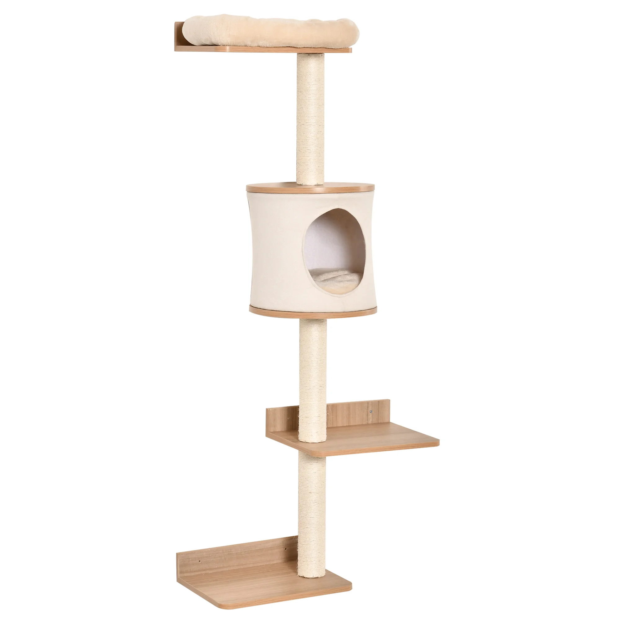 PawHut Árbol para Gatos de Pared con Múltiples Plataformas Cueva Cama Superior Cojín Extraíble Postes Rascadores de Sisal Torre para Escalar 38x30x149 cm Beige y Roble