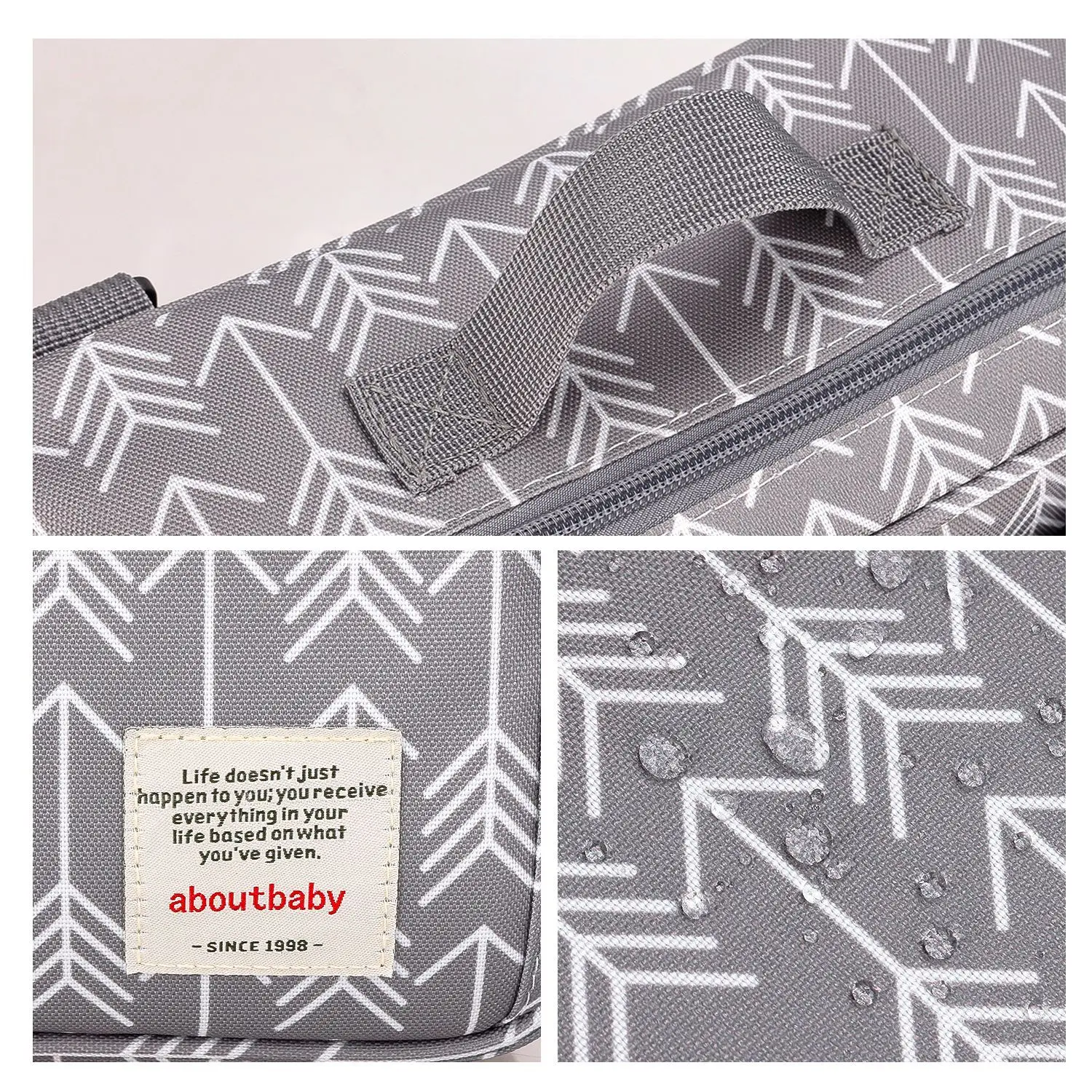 Un bolso tote gris con un estampado geométrico blanco. El bolso tiene un asa texturizada y un cierre de cremallera.