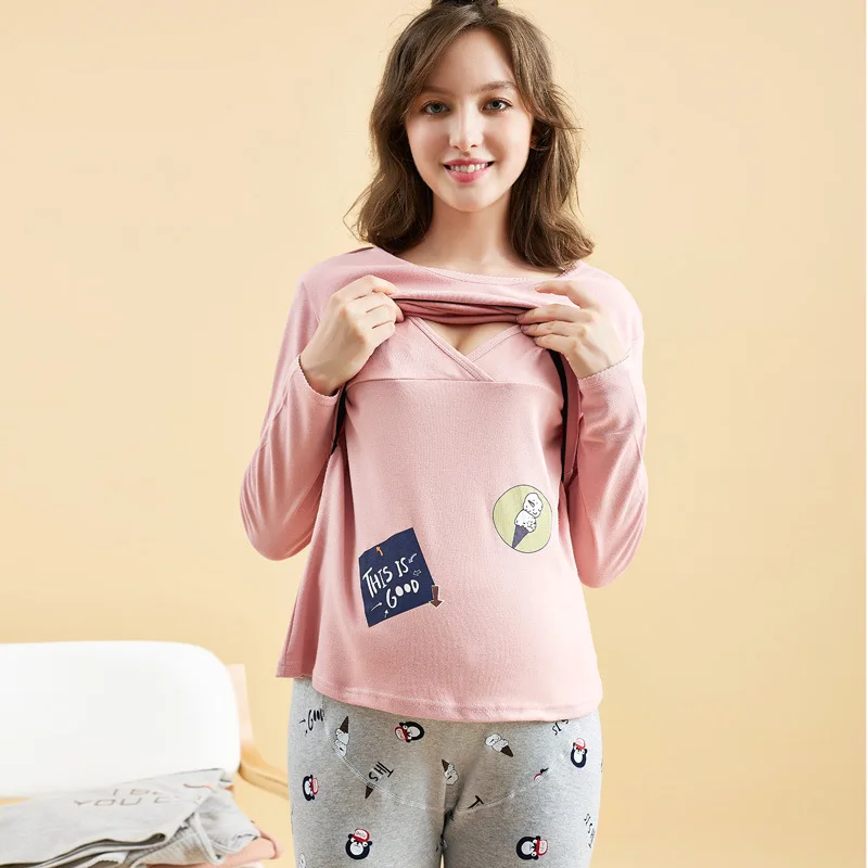 Pijamas de maternidad para amamantar, ropa de maternidad de algodón para lactancia para mujeres embarazadas, Top de manga larga + Pantalones, conjuntos de ropa de dormir - imagen 3