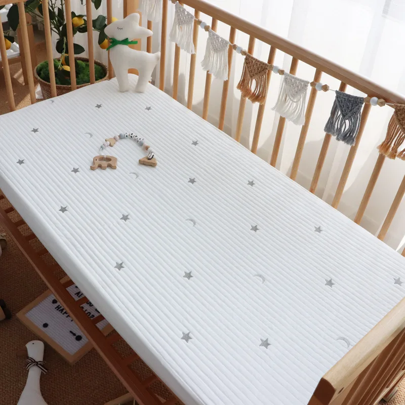 Sábana bajera elástica acolchada de algodón coreano con bordado de estrellas y cereza, limón, oso, sábanas para cuna de bebé, ropa de cama, funda de colchón - imagen 3