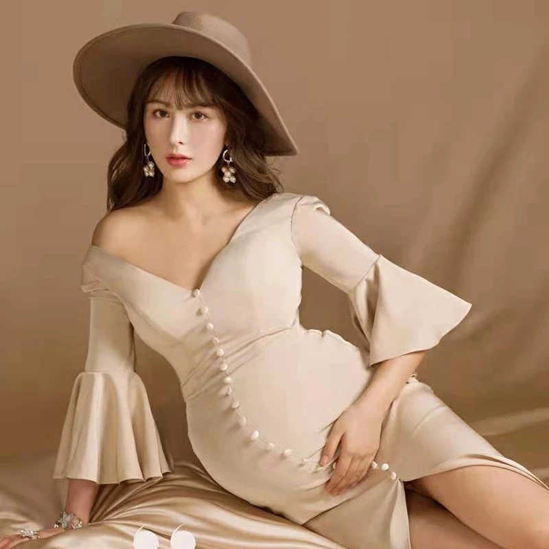 Vestidos de maternidad de sirena elegantes para sesión de fotos, Vestido largo de embarazo, accesorio de fotografía, vestido Maxi con sombrero - imagen 3