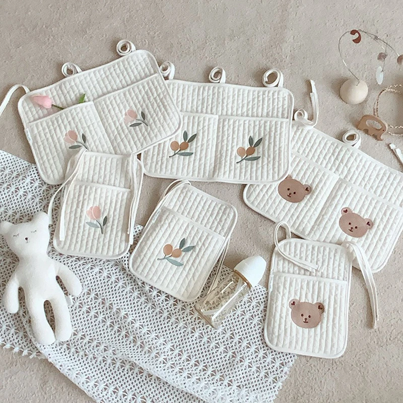 Organizador de cuna para bebé, bolsas de almacenamiento, almacenamiento de cama de algodón Newbron, bolsa de pañales, organizador Caddy, bolsas colgantes para juego de cama infantil - imagen 2