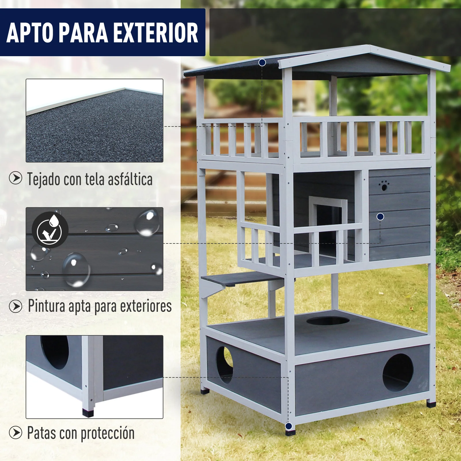 PawHut Caseta para Gatos de Madera de Abeto con Gran Espacio de 4 Pisos y Centro de Actividades 78x76x140cm - imagen 4