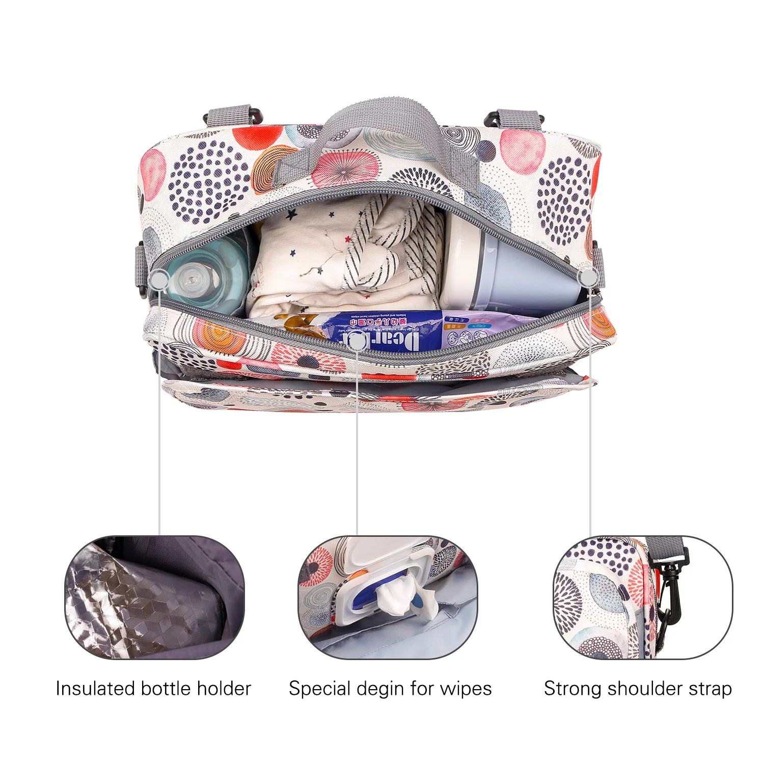 Una mochila con su compartimento principal abierto, dejando al descubierto varios objetos en su interior. La mochila tiene un estampado colorido con lunares y otros elementos decorativos. En su interior se puede ver:

1. Un portabotellas aislado, diseñado para mantener las bebidas calientes o frías durante períodos prolongados.
2