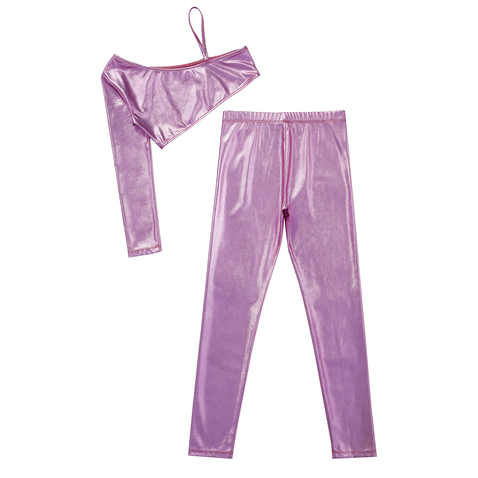 Conjuntos deportivos para niños y niñas, ropa deportiva de manga larga, Crop Tops metálicos brillantes con pantalones, trajes de Fitness para gimnasia - imagen 5