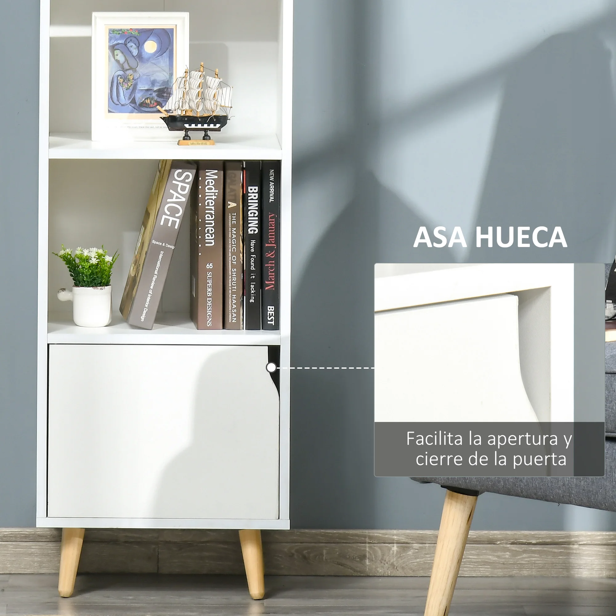 HOMCOM Estantería con 3 Estantes Abiertos y 1 Cerrado con Puerta Librería de Estilo Moderno para Almacenamiento de Libros Juguetes CDs Plantas 40x30x129,5 cm Blanco - imagen 5