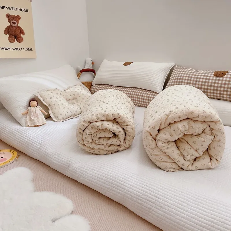 Edredón coreano de algodón con flores para cuna de bebé, edredones de muselina para niños y bebés, edredones gruesos para cuna de invierno para cama de bebé a cuadros