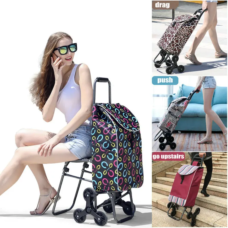 Carro de compras para subir escaleras con bolsa impermeable y silla, carrito para el hogar con asiento, carrito de compras con estructura de acero, carrito con varilla de tracción