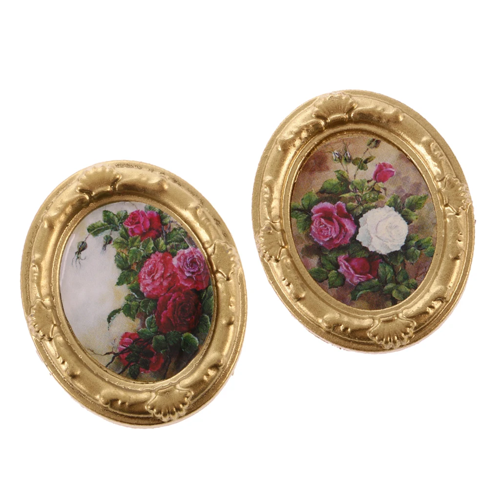 2 pieces Retro Dolls House Metal Photo Frames  1/12 DollHouse Miniature Decoration