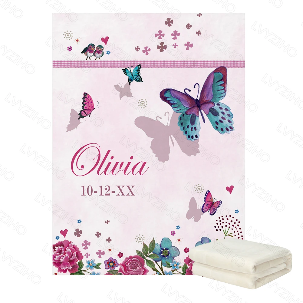 Manta polar personalizada con nombre de bebé – Dinosaurios y mariposas - imagen 2