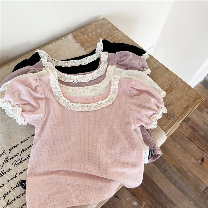 Camisa de algodón con encaje para niña verano