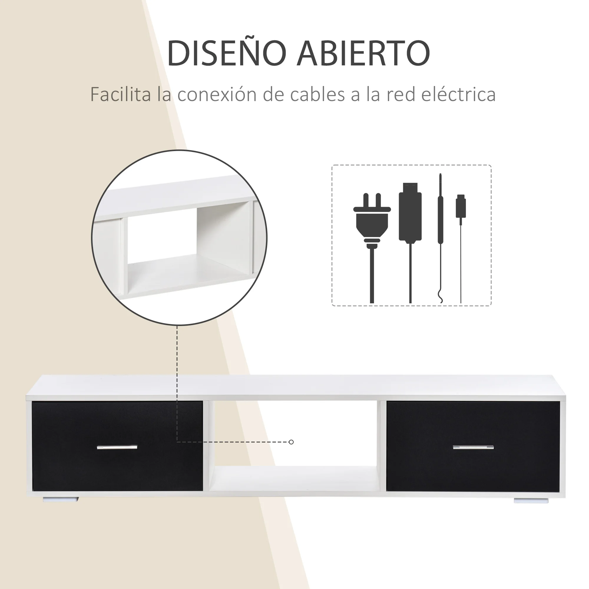 HOMCOM Mueble de TV para Televisores de hasta 60" con 2 Cajones y Compartimento Abierto 140x30x32 cm Blanco y Negro - imagen 5