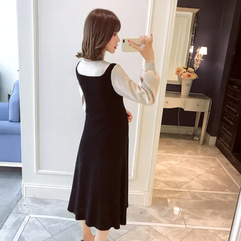 Conjuntos de vestidos gruesos para mujeres embarazadas, suéter de punto informal elástico a media pantorrilla con manga de obispo, ropa de maternidad - imagen 3