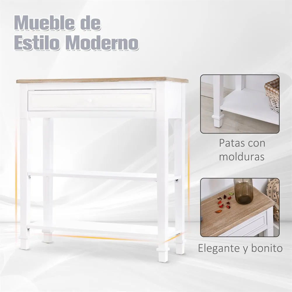 HOMCOM Mesa de Consola y Auxiliar para Sala Pasillo Comedor con Estantes y Cajón Extraíble Retro Pino Madera Natural Blanco - imagen 4