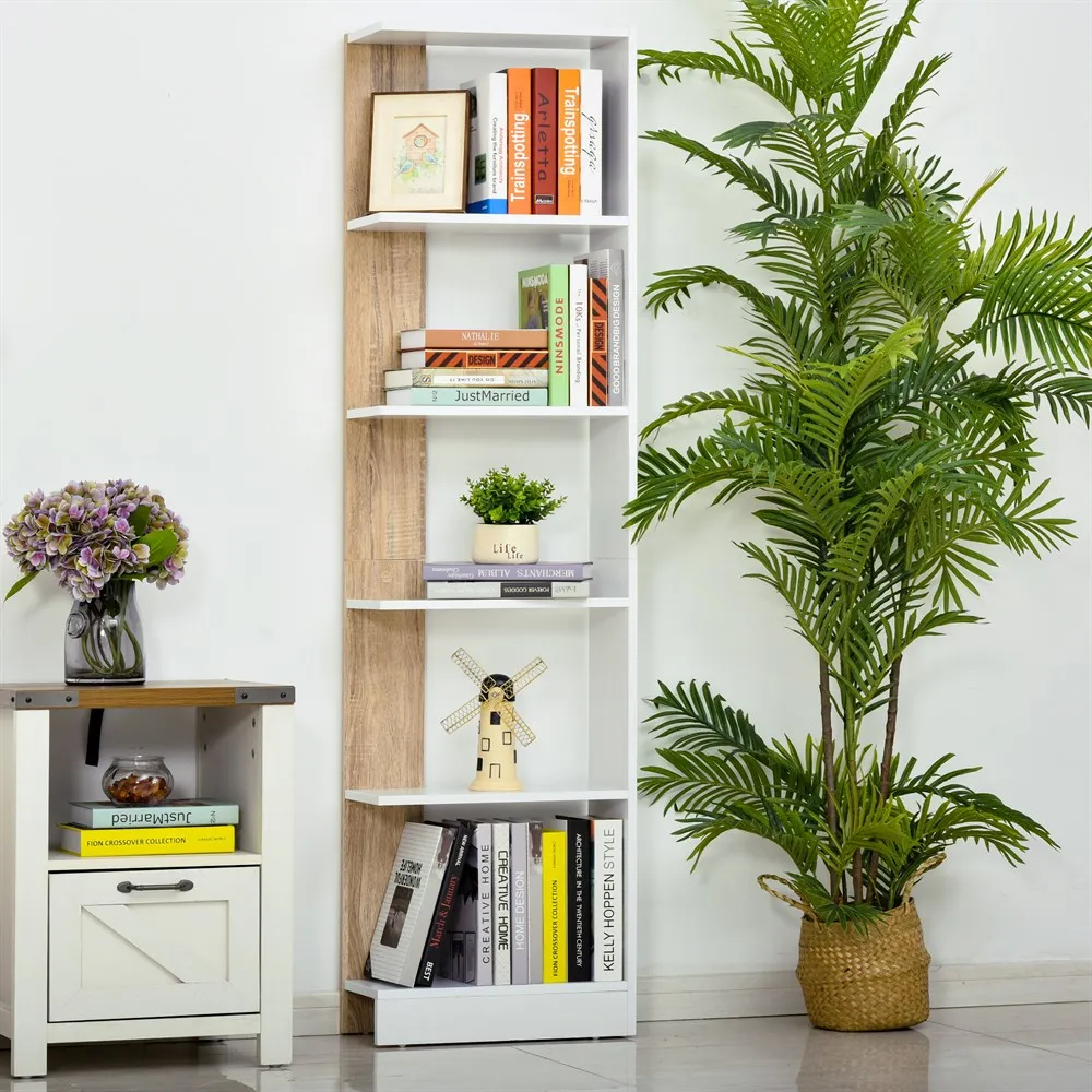 HOMCOM Estantería de Almacenaje con 5 Estantes Librería Multiusos para Estudio con Base Elevada 45x21x170 cm Blanco y Roble - imagen 2