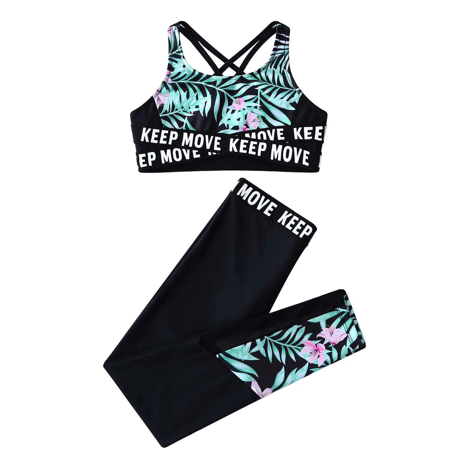 Ropa deportiva de verano para niñas, conjunto de pantalones con espalda cruzada y estampado Floral, chándales, traje de entrenamiento sin costuras, traje de gimnasia y Fitness - imagen 3