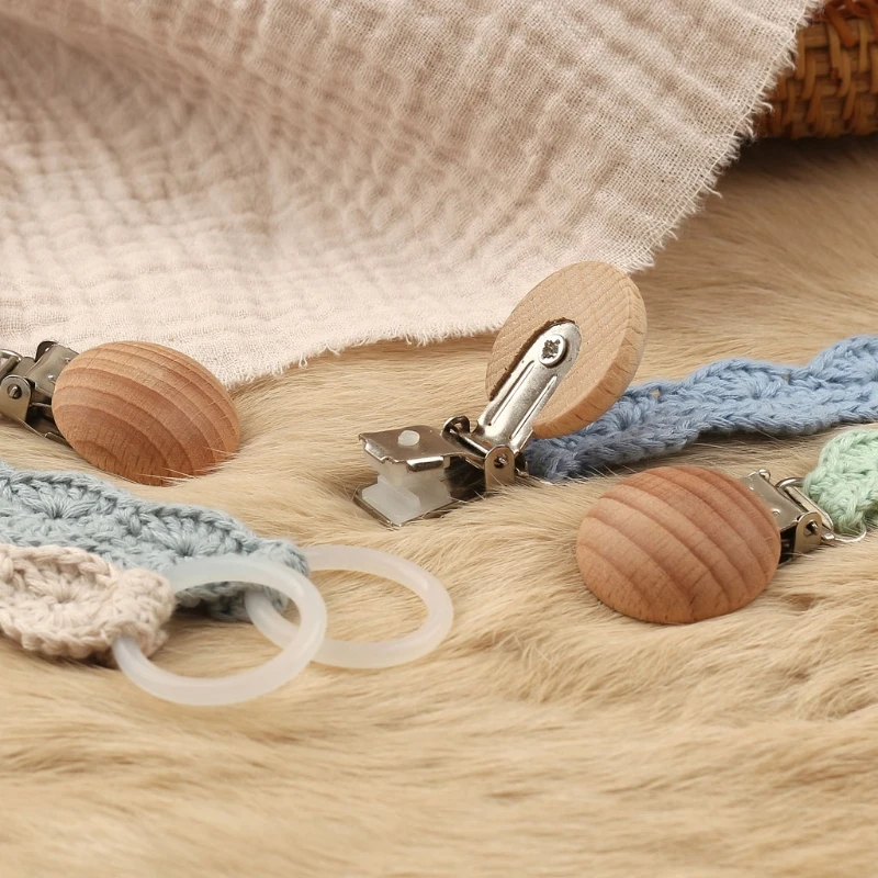 Clip de ganchillo hecho a mano para chupete de bebé, Clips de cadena de algodón de madera para recién nacido, soporte para pezón, chupete de dentición, pinzas para masticar - imagen 3