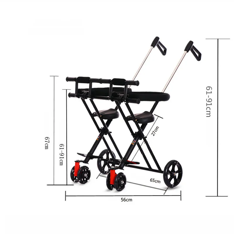 Triciclo plegable para gemelos con barra de empuje trasera ajustable, cochecito portátil para 2 niños con marco de alto carbono, carrito ligero con rueda de PU - imagen 4