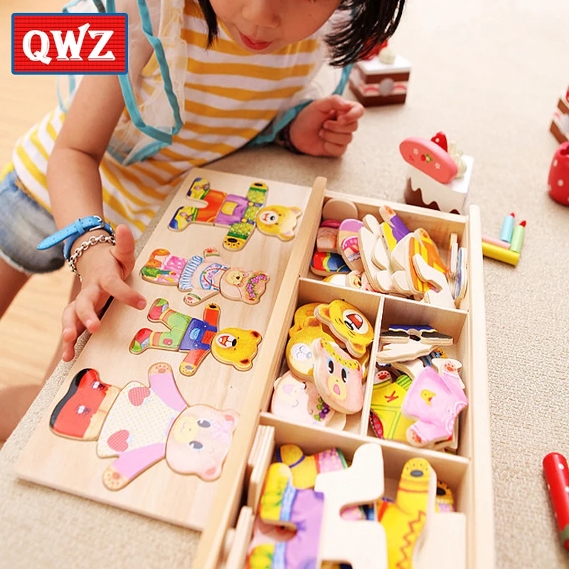 QWZ Little Bear juego de vestir madera - Juguete educativo para niños