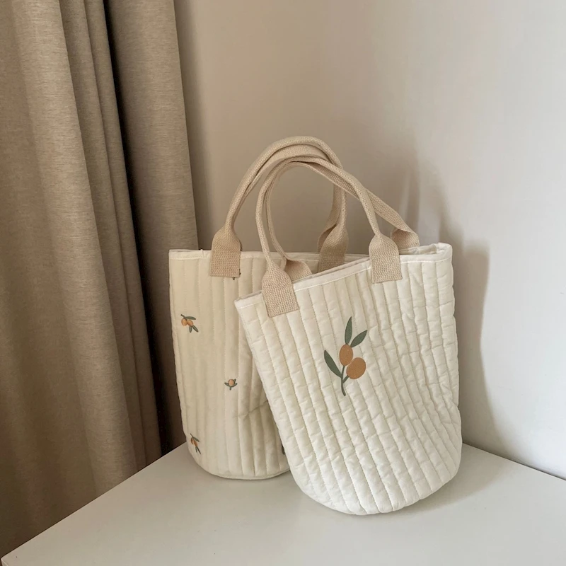 Bolsa de pañales acolchada de algodón coreano para bebé, organizador de pañales para bebé con bordado de oso de cereza, bolsas para mamás, cosas para bebé