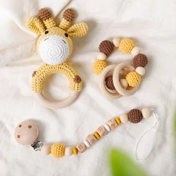 Sonajeros de madera para bebé, jirafa de ganchillo de felpa, campana musical de animales, cadena de chupete personalizada, pulseras de dentición, juguetes para recién nacidos, 1 ud.