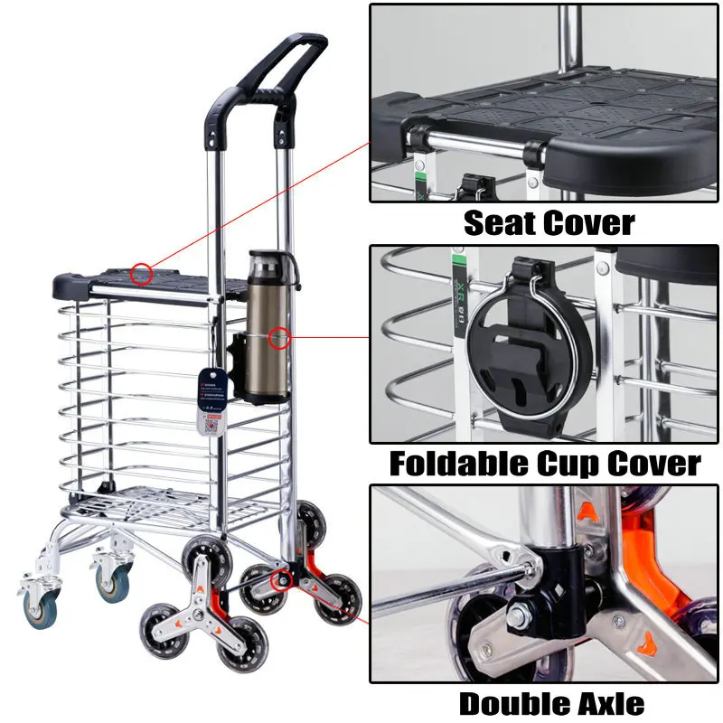 Actualice el carrito de compras doméstico portátil con cubierta (puede sentarse) y portavasos, carrito plegable de utilidad - imagen 2