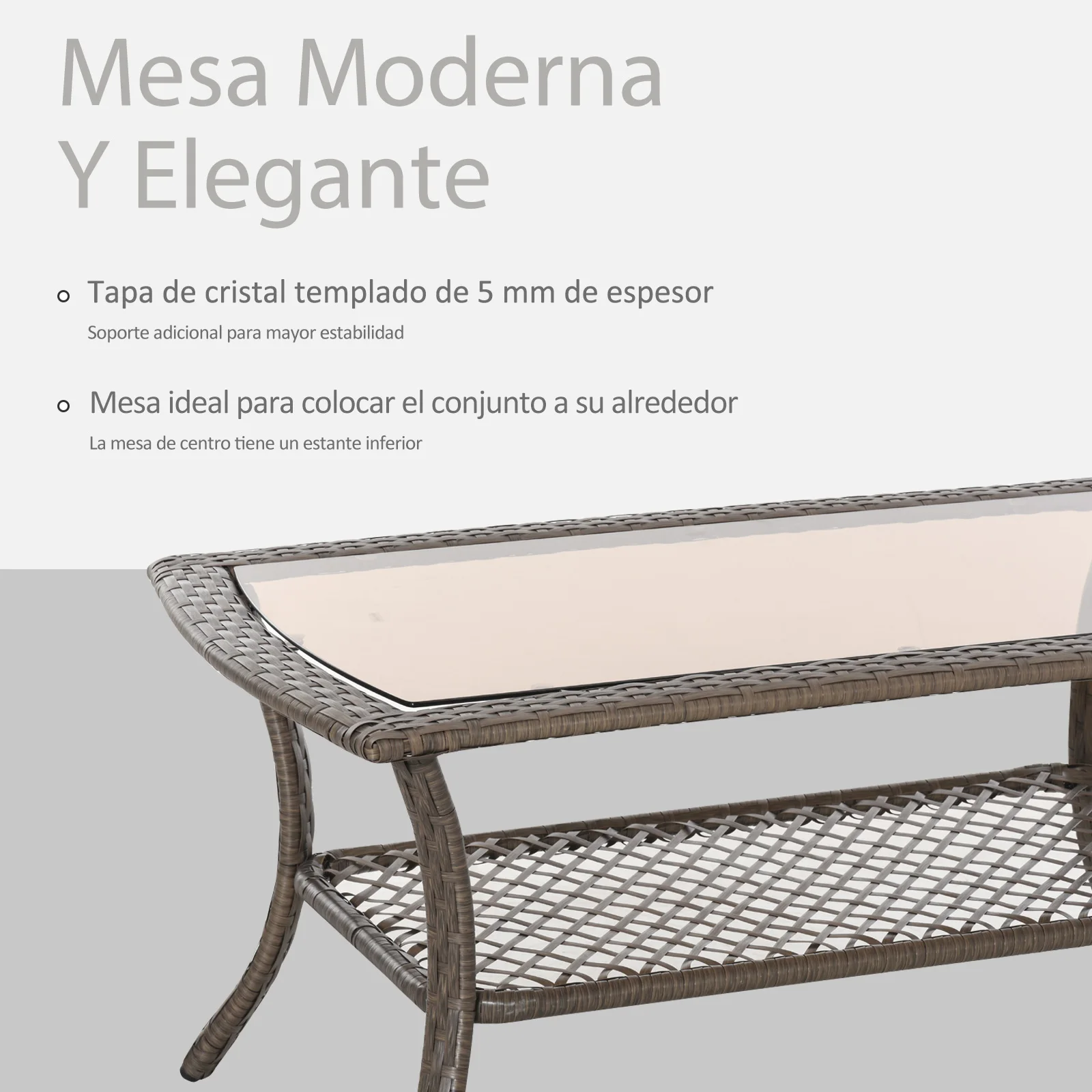 Outsunny Conjunto de 4 Muebles de Jardín de Ratán Sillón Sofá Doble y Mesa de Café con Cojines para Terraza Patio Marrón Caqui - imagen 4