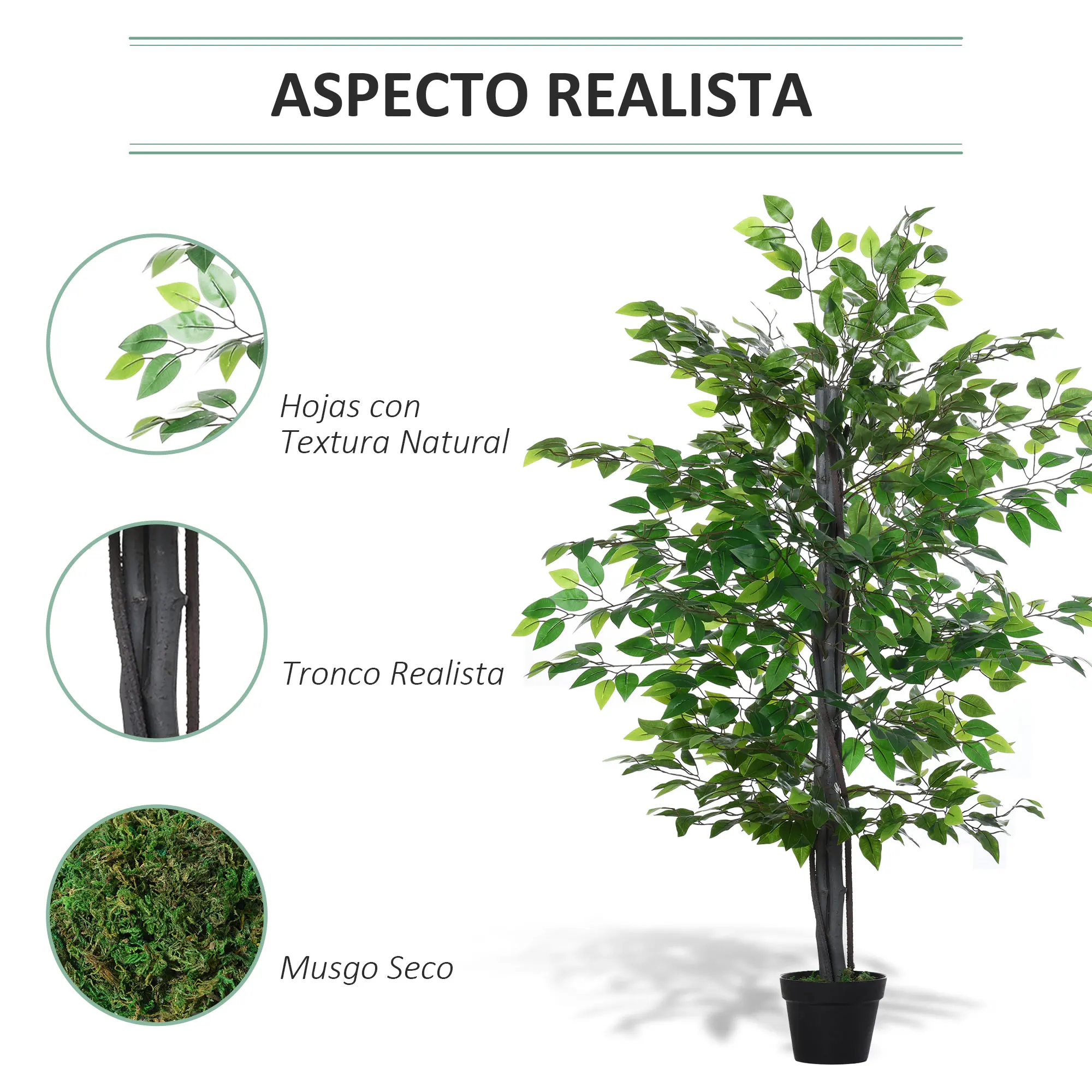 Outsunny Árbol de Ficus Artificial de 145 cm de Altura 756 Hojas con Maceta para Decoración de Hogar Verde - imagen 3