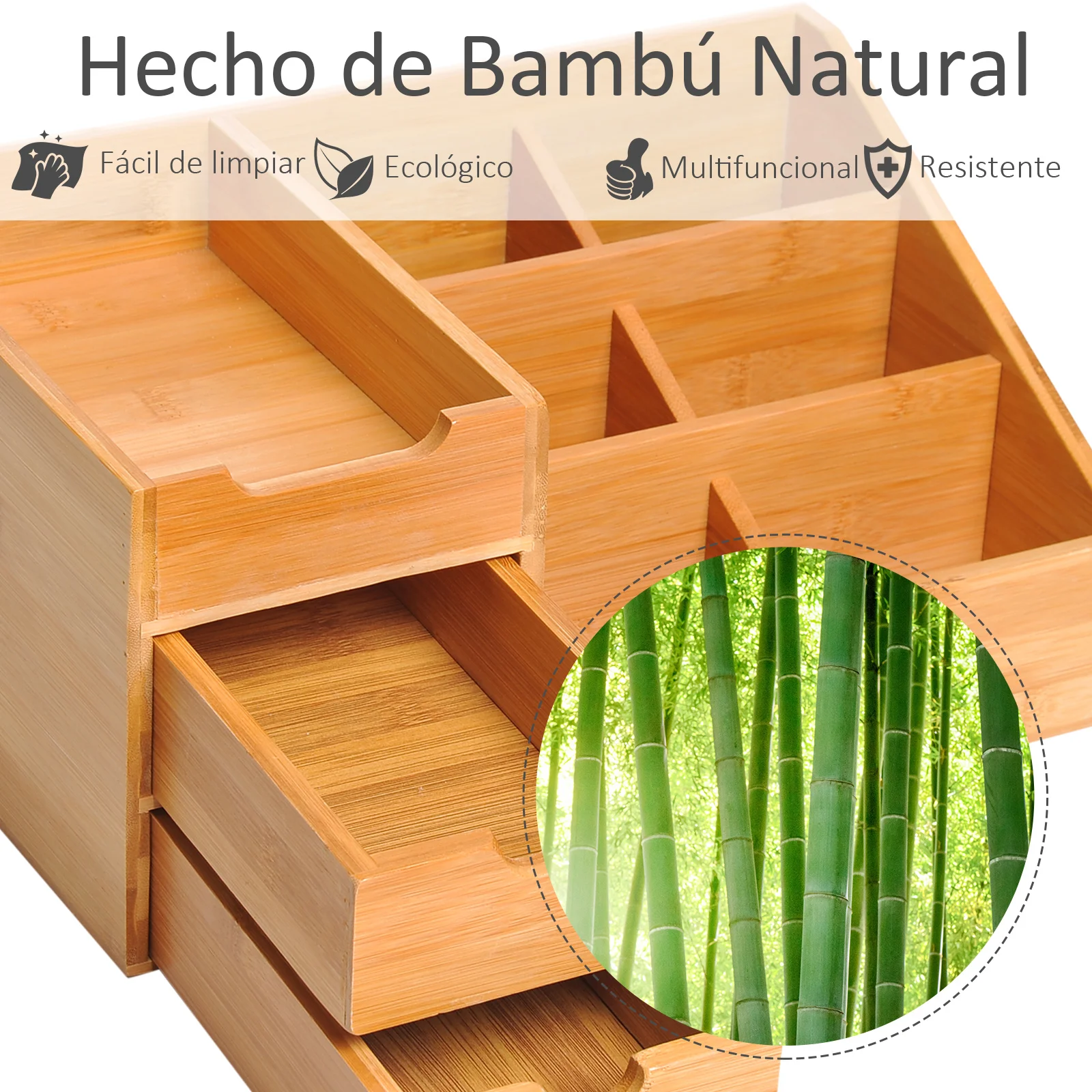 HOMCOM Organizador de Escritorio de Bambu Sistema de Escritorio Organizador de Mesa para Oficina Multifuncional 33x20.5x15.5cm - imagen 5