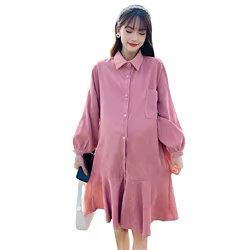 Ropa de maternidad para mujer, vestido camisero de manga larga hasta la rodilla con botones de pana, ropa femenina embarazada para primavera y otoño 2022