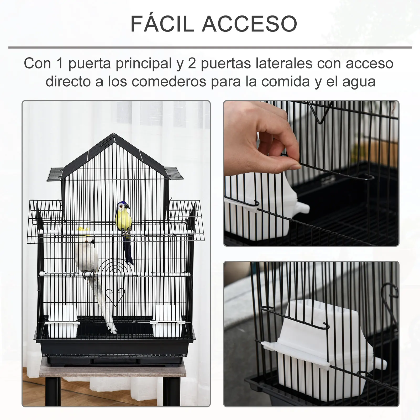 PawHut Jaula para Pájaros de Metal Pajarera para Canarios 2 Comederos y Perchas Pinzones Negro - imagen 3