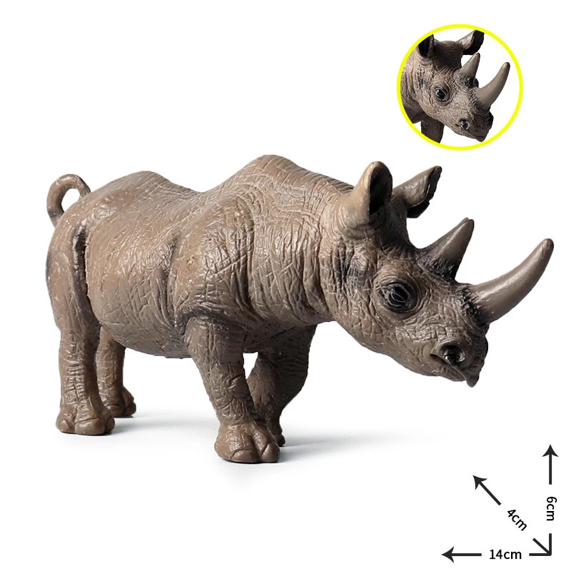 Un modelo de rinoceronte. Parece ser una representación detallada y realista de un rinoceronte, probablemente utilizada con fines educativos o decorativos. El modelo se muestra desde un ángulo lateral y se proporcionan medidas que indican su tamaño.
