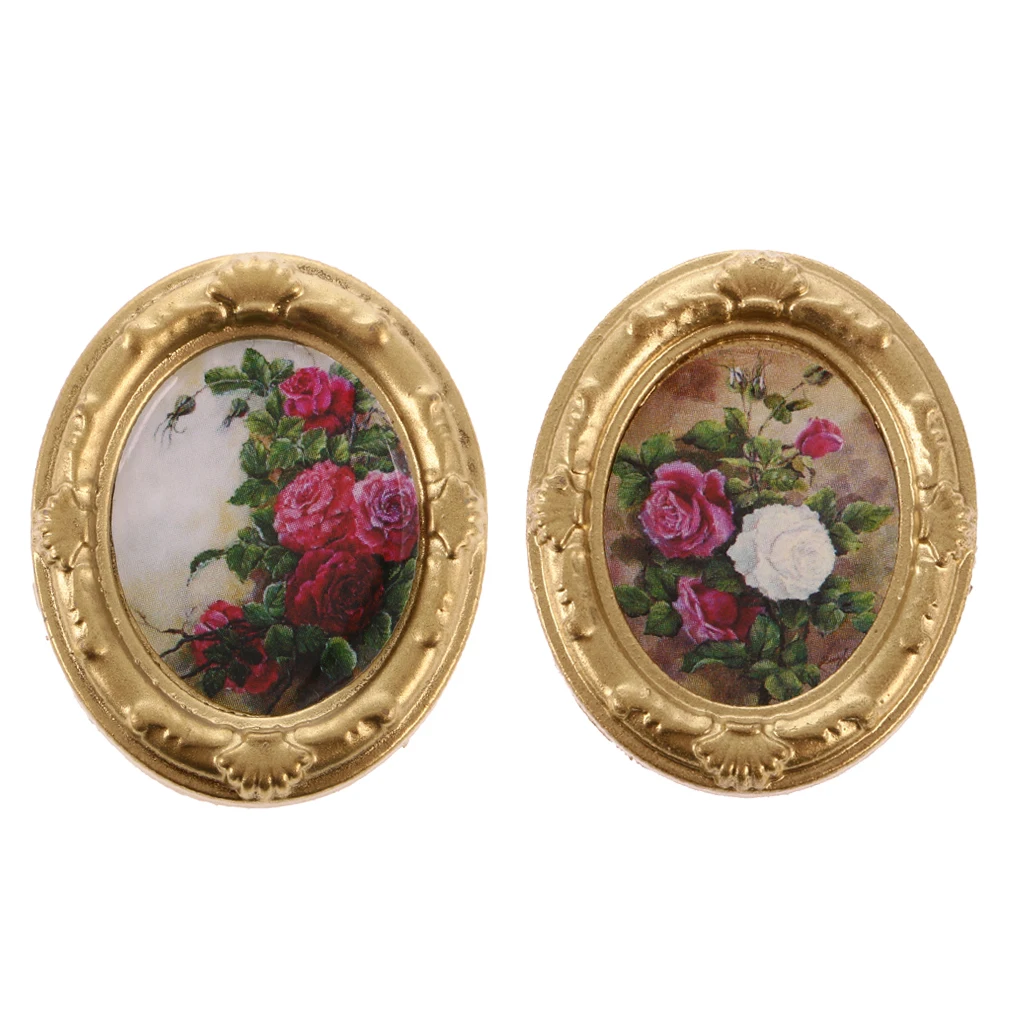 2 pieces Retro Dolls House Metal Photo Frames  1/12 DollHouse Miniature Decoration